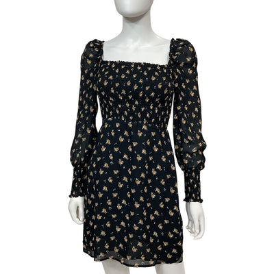 Maje Shirred Black Floral Crepe Mini Dress Size FR 36 / US 4