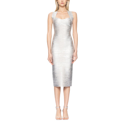 Hervé Léger Sleek Silver Halter Crossback Midi Size L Dress NWT