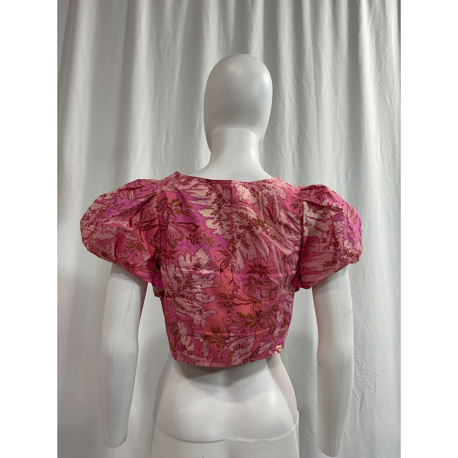 Ulla Johnson 'Kalena' Pink Puff Sleeve Graphic Printed Crop Top Size 4