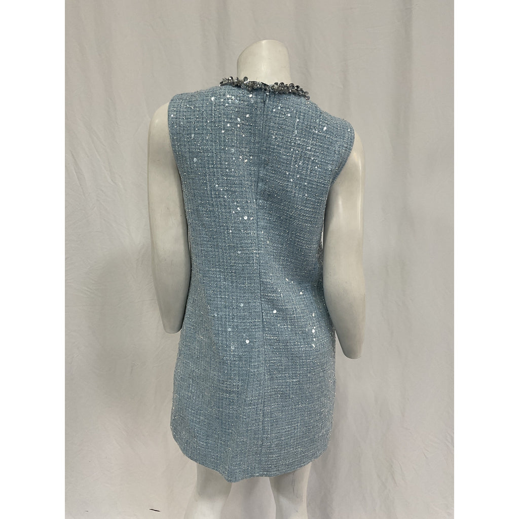 Self-Portrait Embellished Blue Polyester Boucl� Mini Dress Size 6
