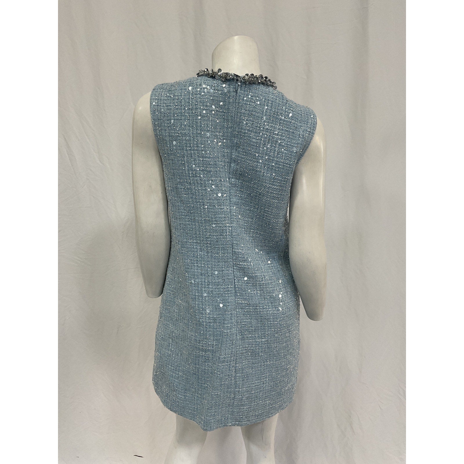 Self-Portrait Embellished Blue Polyester Boucl� Mini Dress Size 6