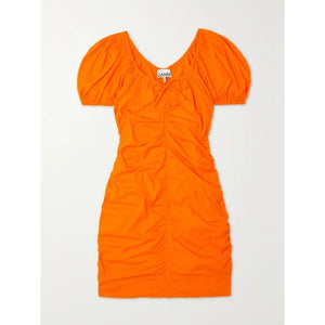 Ganni 'Bow-Detailed' Orange Ruched Cotton-Poplin Bow Accent Mini Dress Size 2 - NWT