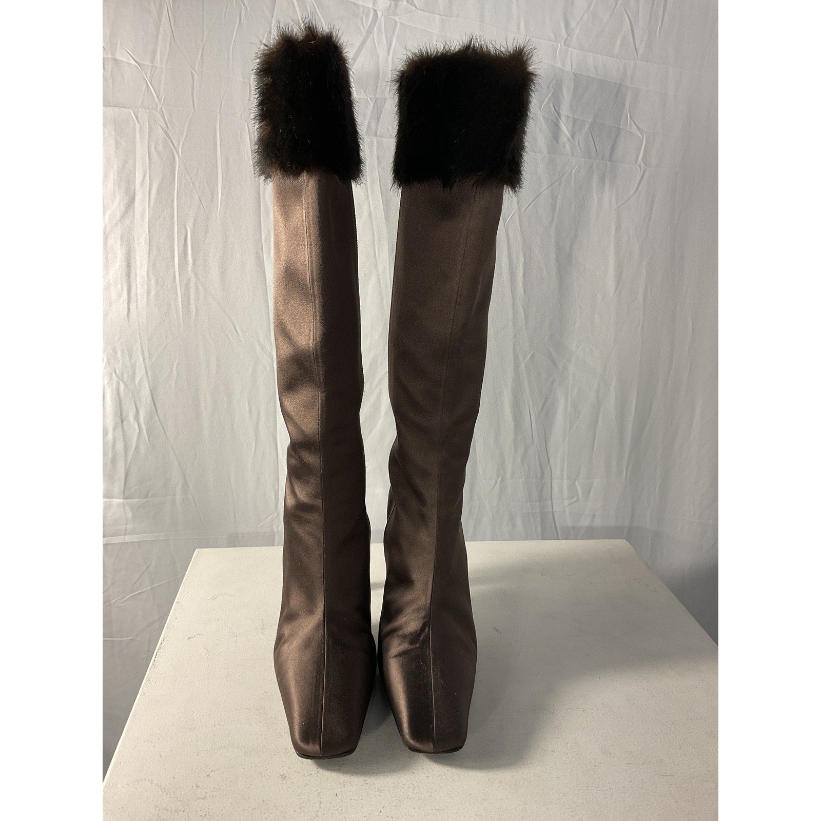 Magda Butrym 'Faux' Brown Fur-Trimmed Satin Knee Boots Size 8