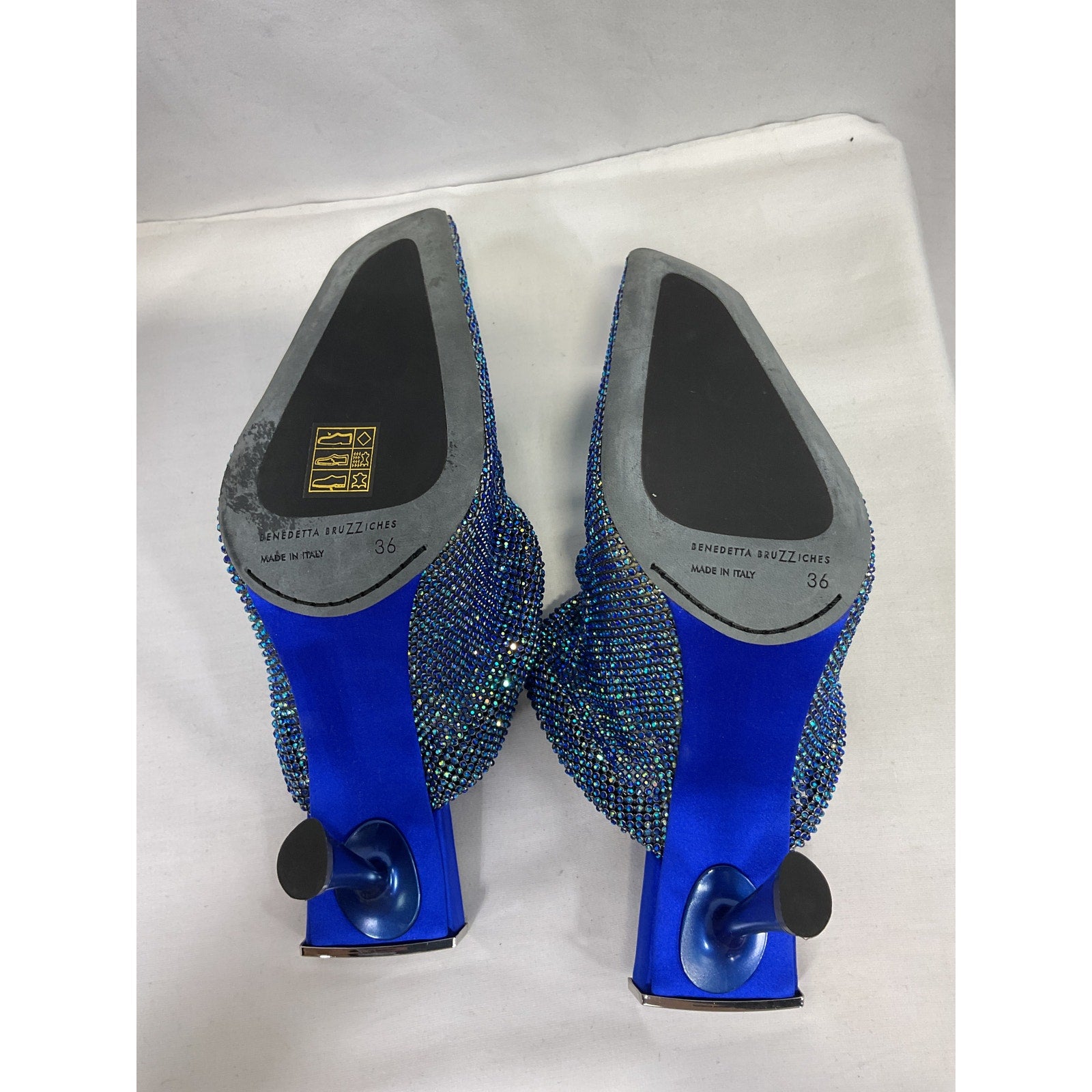 Benedetta Bruzziches 'Goliarda' Blue Satin Crystal-Embellished Chainmail Mules Size 6