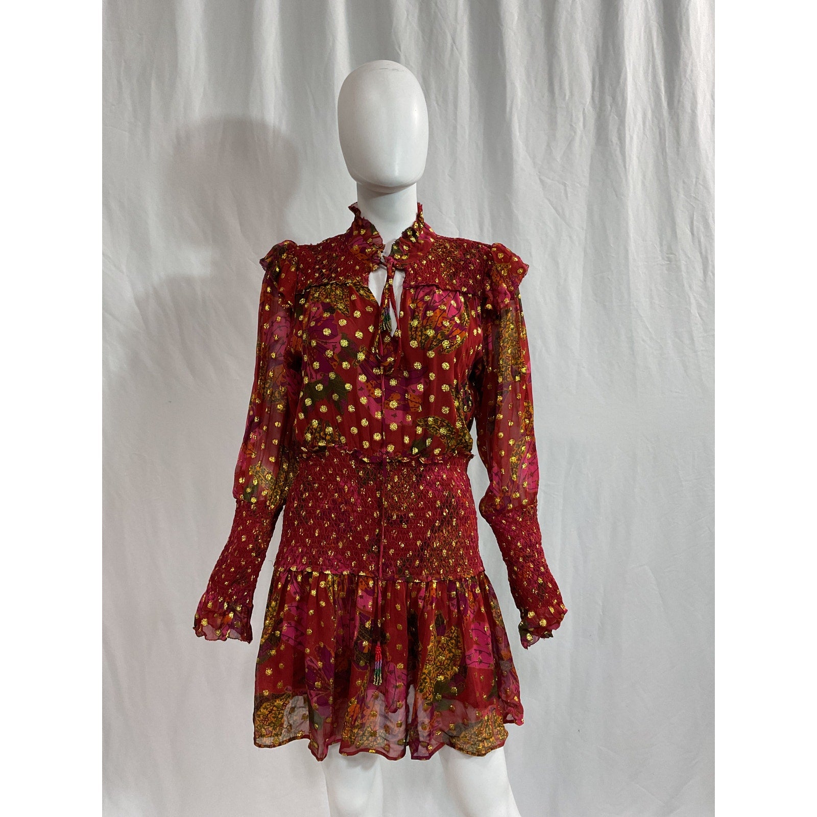 Farm Rio 'Banana' Red Flowers Smocked Long Sleeve Mockneck Mini Dress Size S