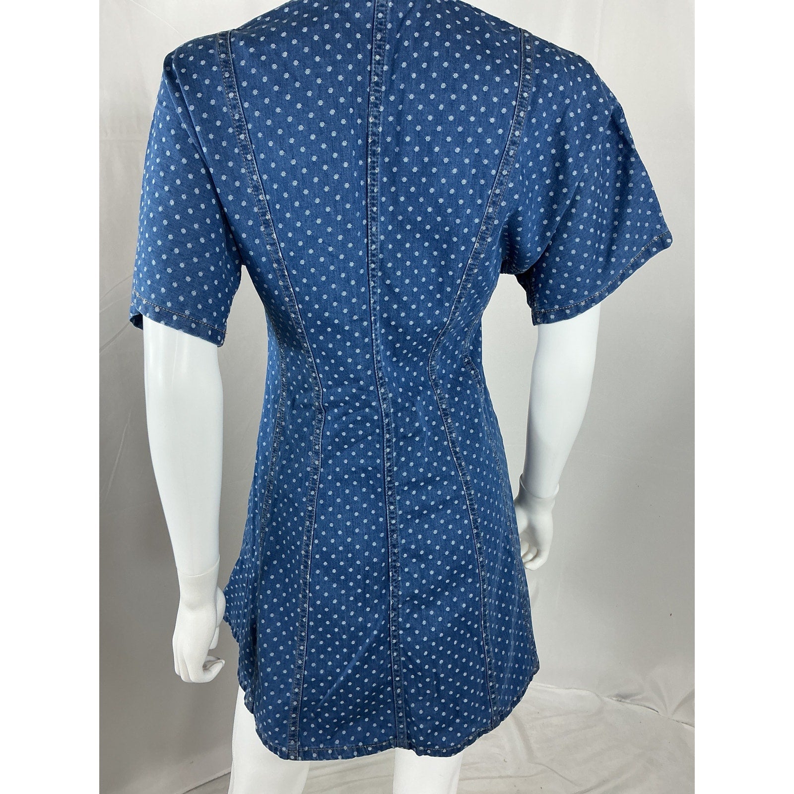 Ganni Polka-Dot Blue Cotton Denim-Jacquard Mini Dress Size 34