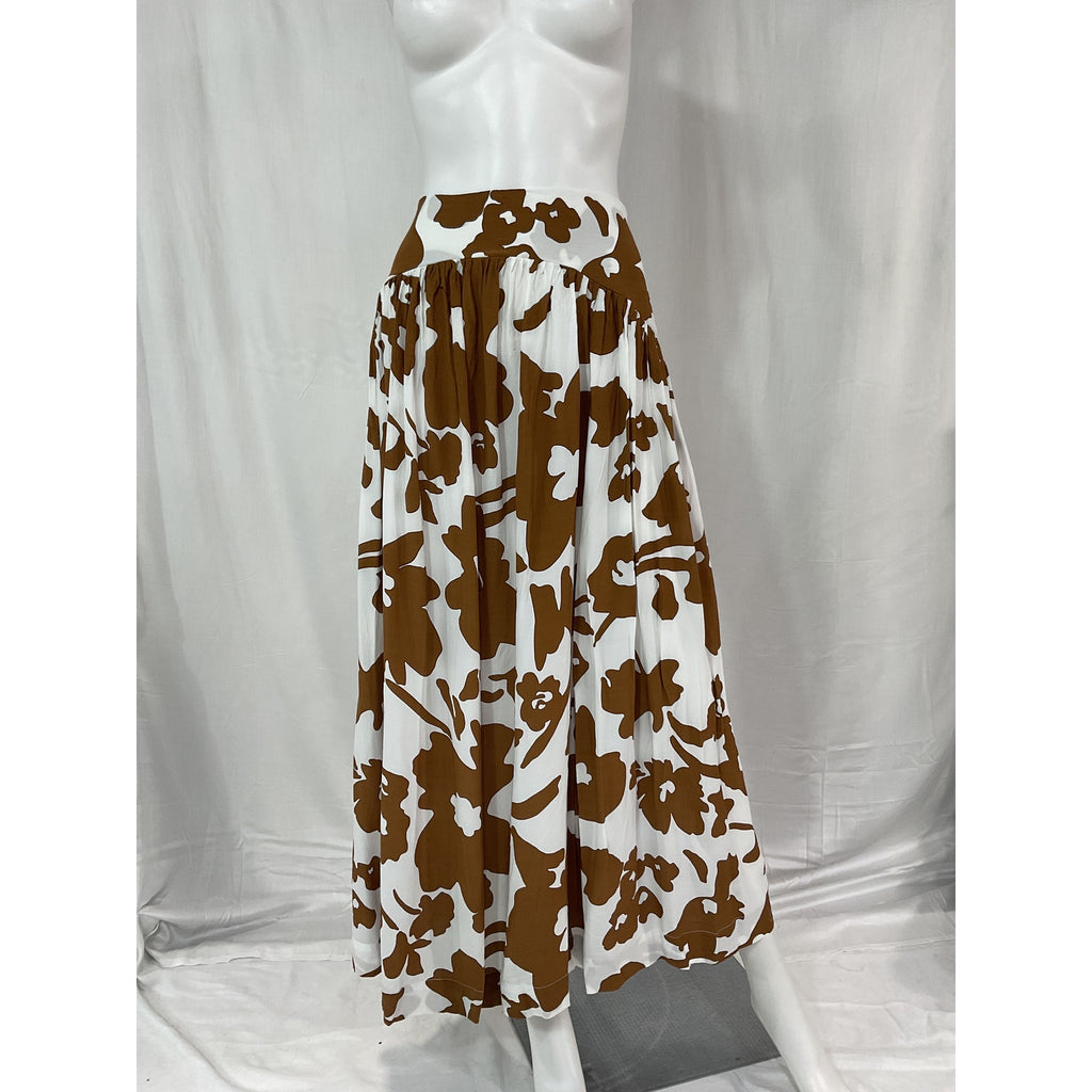 Swf Pleated Abstract Brown Floral Maxi Skirt Size M