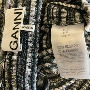 Ganni Seersucker Checked Egret Open-Neck Smock Blouse Size FR 36 / US 4
