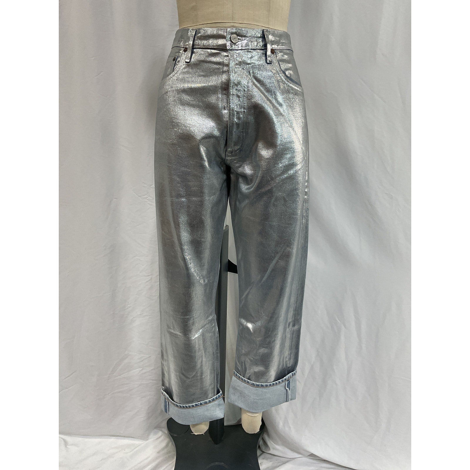 Agolde 90S Silver Cotton Pinch-Waist High-Rise Metallic Straight-Leg Denim Jeans Size 31