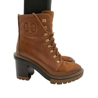 Tory Burch 'Miller' Brown Leather Mixed Materials Lug Sole Boot Size 9