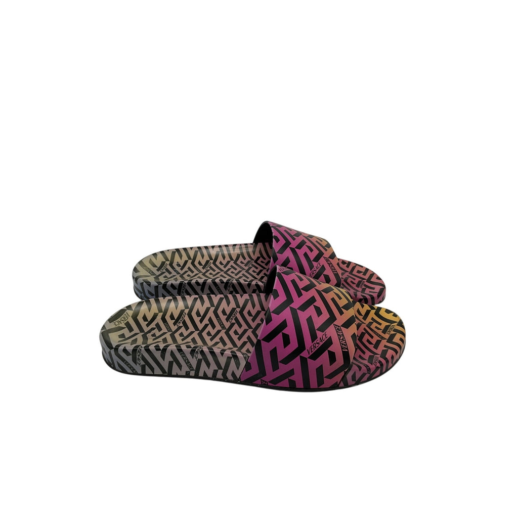 Versace La Greca Pink Polyurethane Print Pool Slides Size 8 US / 38 EU