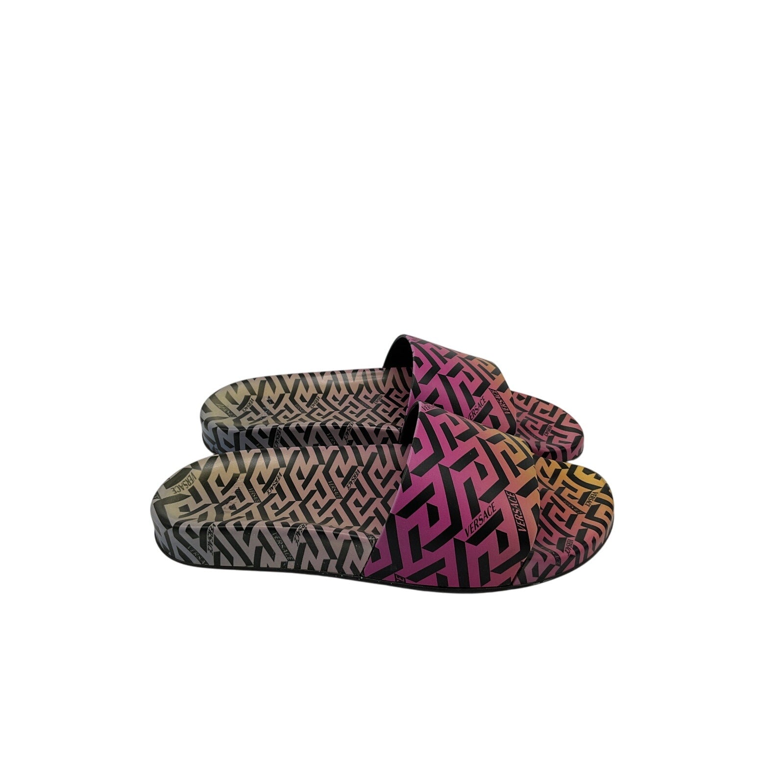 Versace La Greca Pink Polyurethane Print Pool Slides Size 8 US / 38 EU