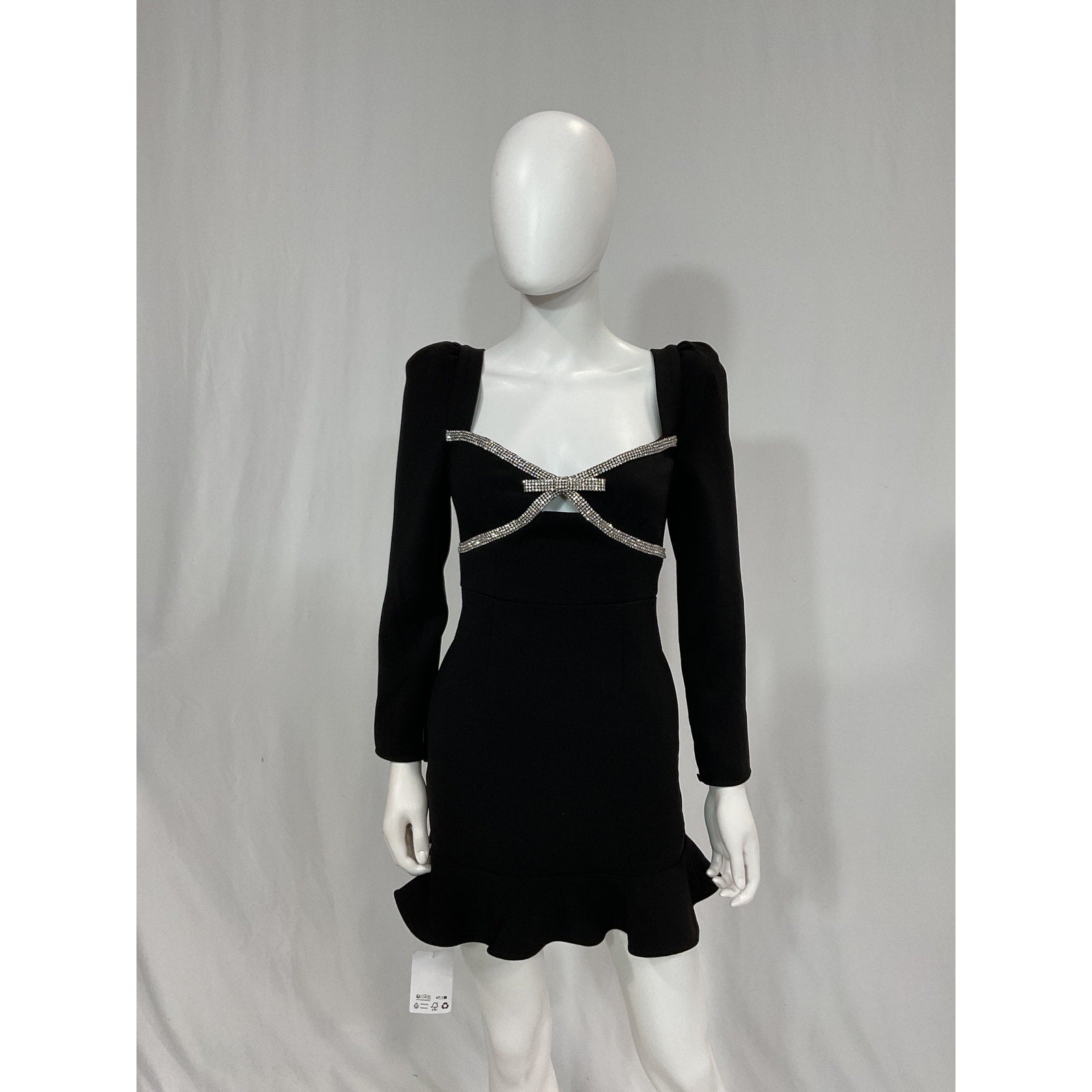 Self Portrait 'Diamante' Black Crystal Embellished Long Sleeve Bow Mini Dress Size 0 - NWT