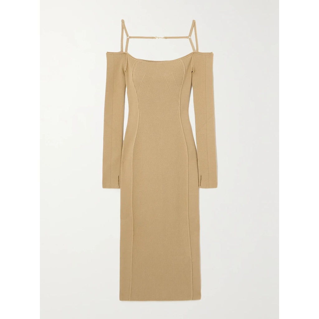 Jacquemus 'Sierra' Tan Viscose Embellished Ribbed-Knit Midi Dress Size 0