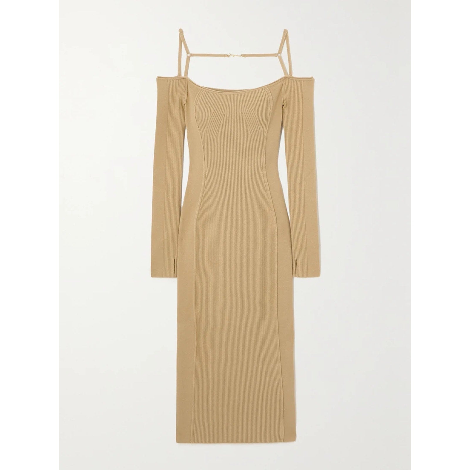 Jacquemus 'Sierra' Tan Viscose Embellished Ribbed-Knit Midi Dress Size 0