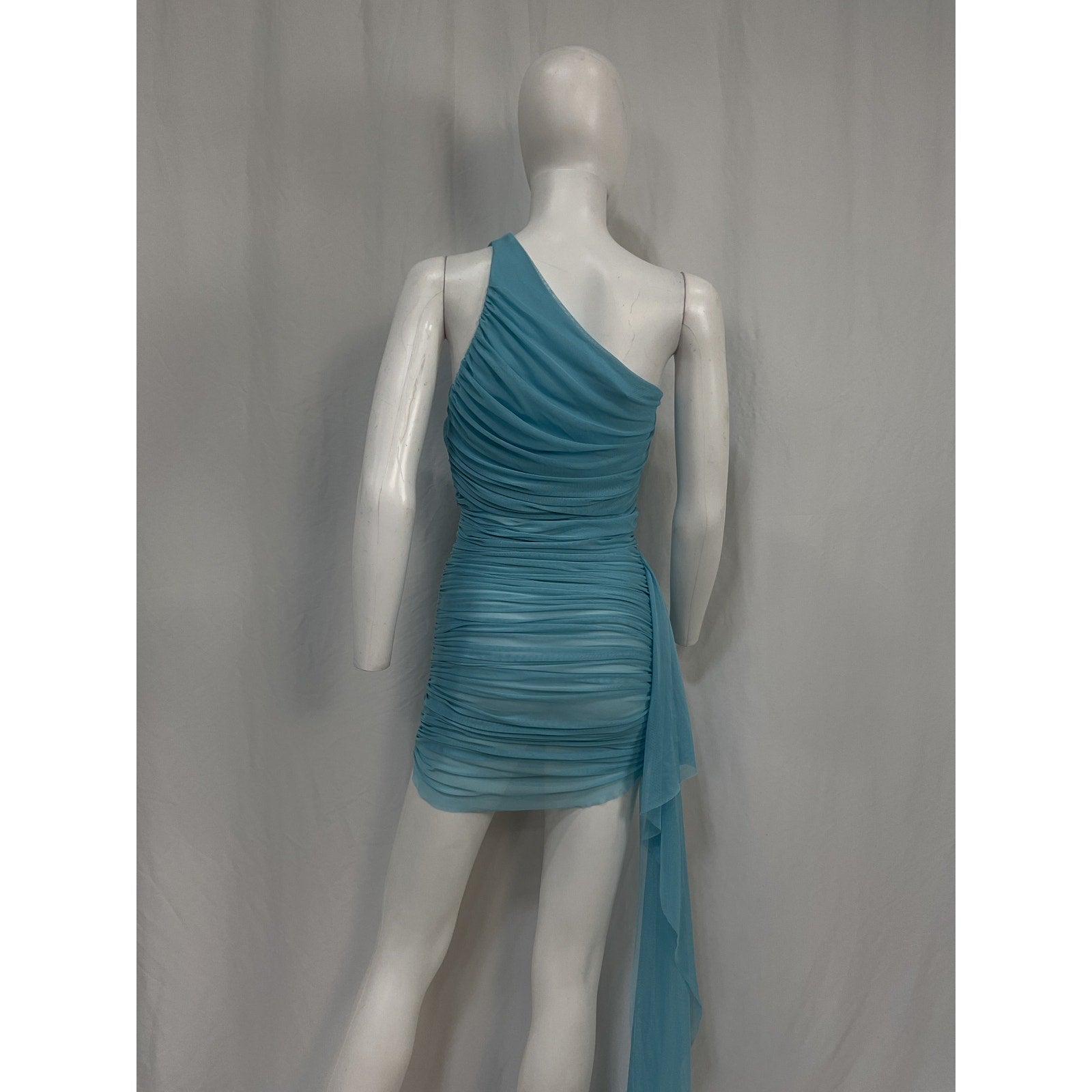 The Sei Blue Polyester Drape-Detail Ruched Chiffon Mini Dress Size S