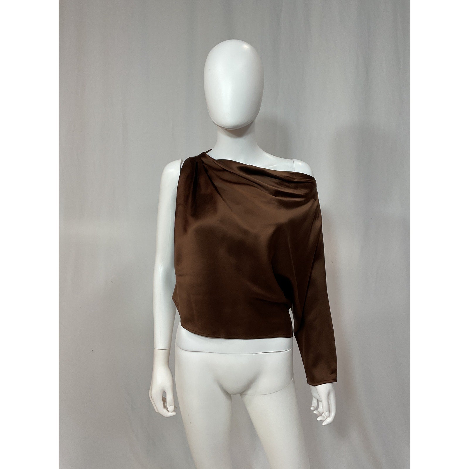 The Sei One Sleeve Off Shoulder Brown Silk  Drape Top Size 4