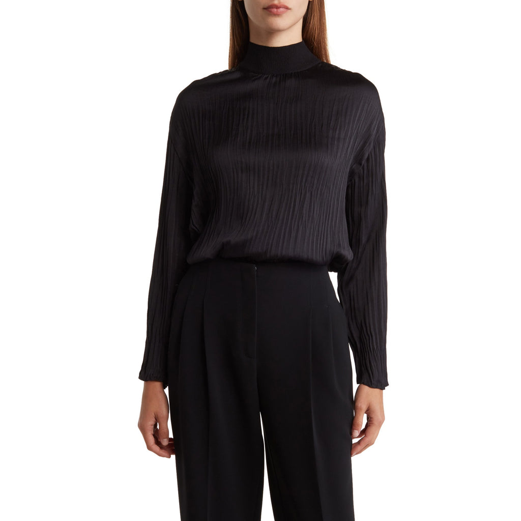 Vince Crushed Black Satin Mock Neck Top Size XS