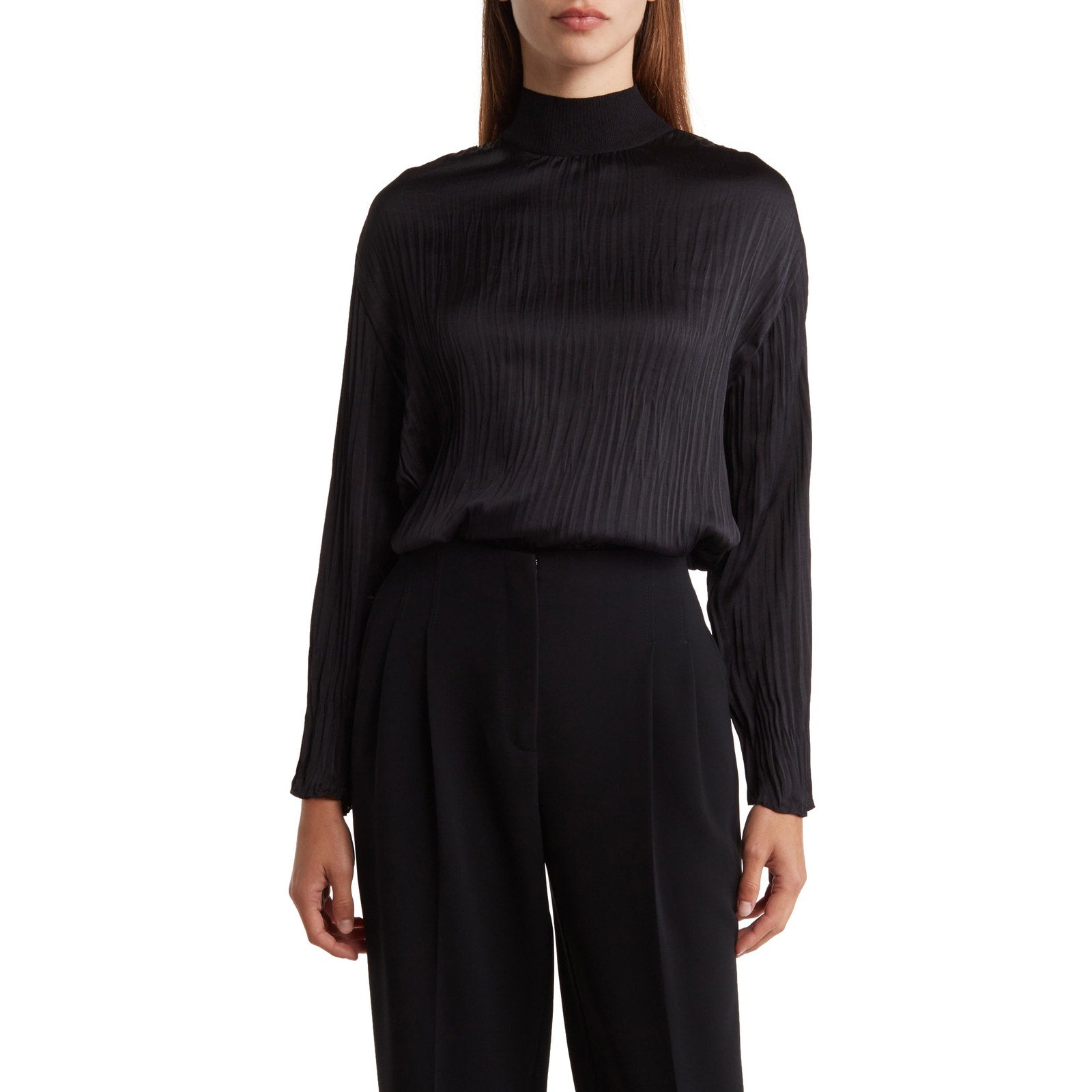 Vince Crushed Black Satin Mock Neck Top Size XS