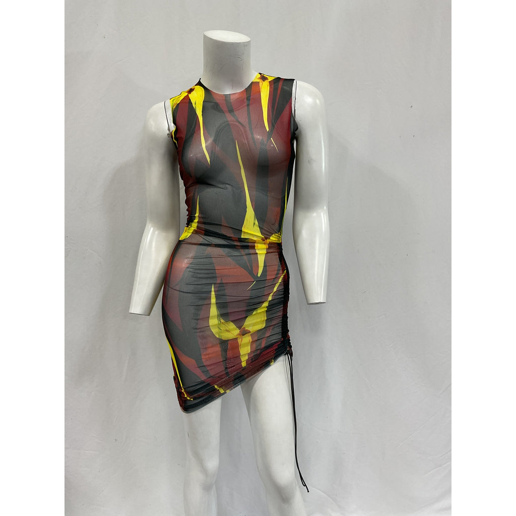Louisa Ballou 'Heatwave' Brown Ruched Floral Print Stretch-Mesh Mini Dress Size XS - NWT
