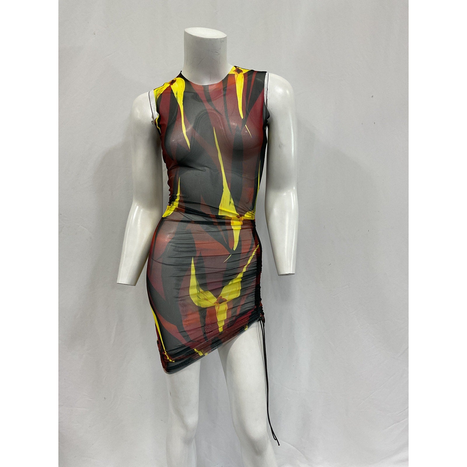 Louisa Ballou 'Heatwave' Brown Ruched Floral Print Stretch-Mesh Mini Dress Size XS - NWT
