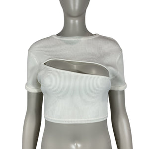 Christopher Esber Ribbed White Slashed Crop Tee Size M