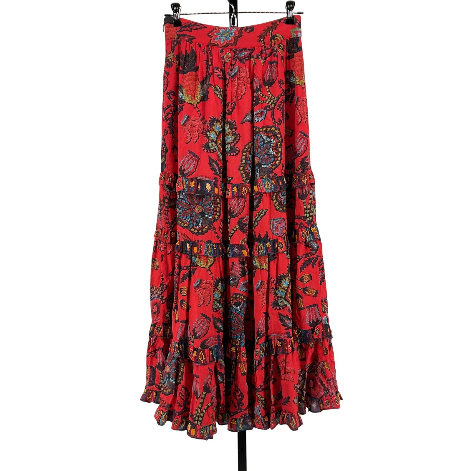 Farm Rio 'Tiered' Red Viscose Wrap Maxi Skirt Size XS