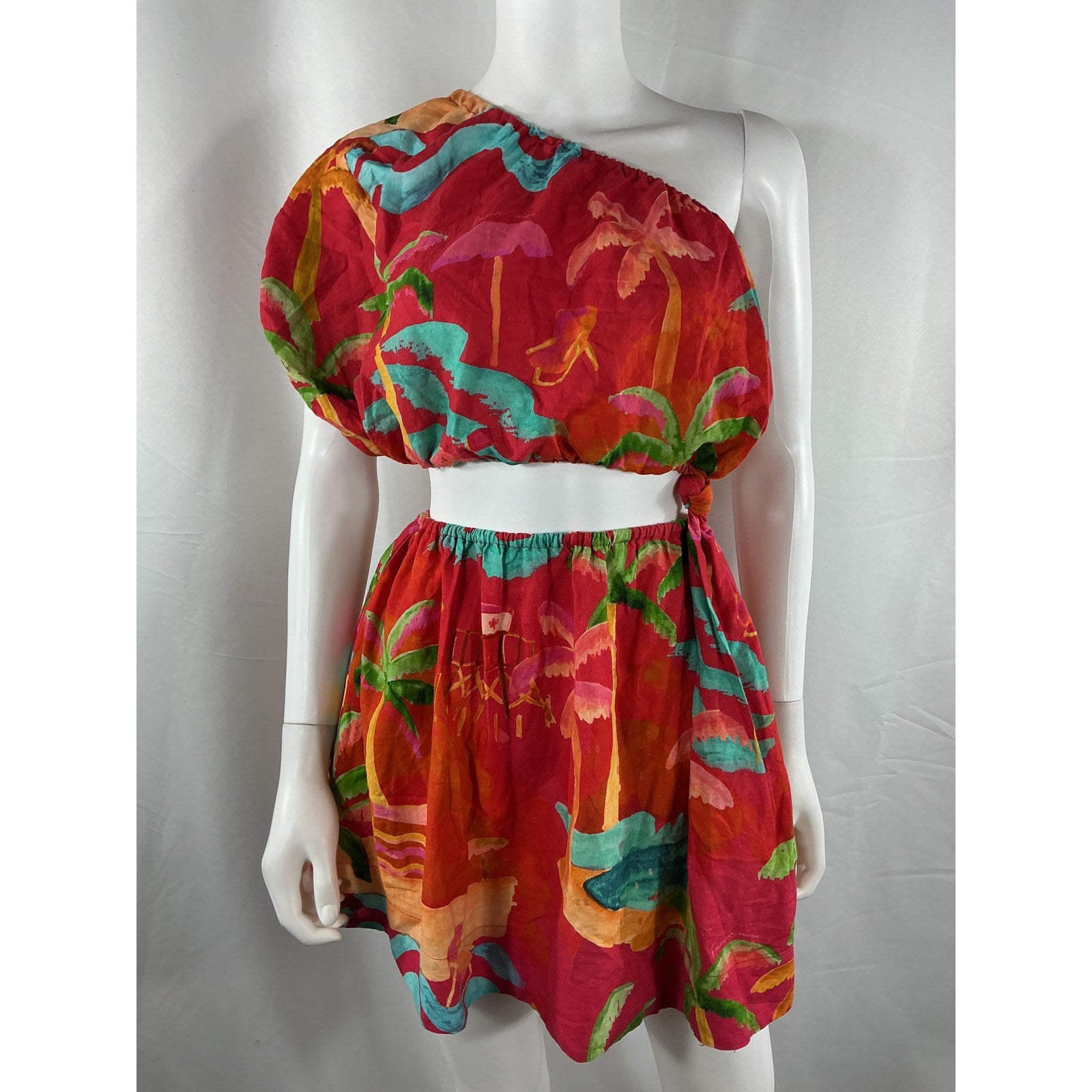 Farm Rio 'Ipanema' Red Cotton One-Shoulder Mini Dress Size XS