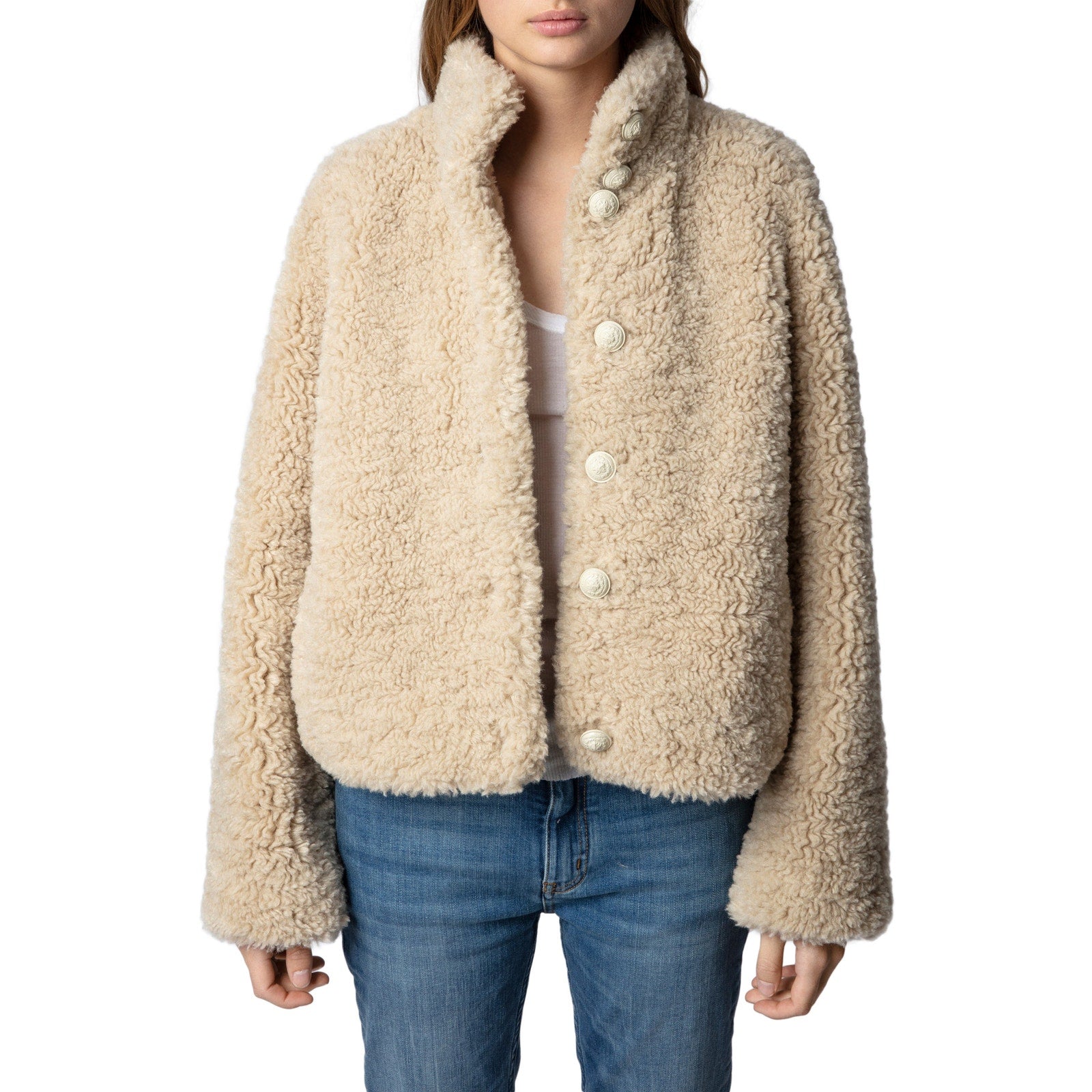 Zadig & Voltaire 'Fino' Tan Soft Curly Faux Fur Teddy Jacket Size L
