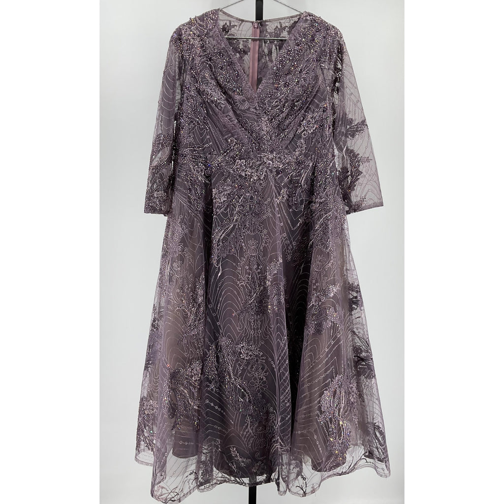 Mac Duggal Beaded Floral Grey Polyester A-Line Cocktail Dress Size 14