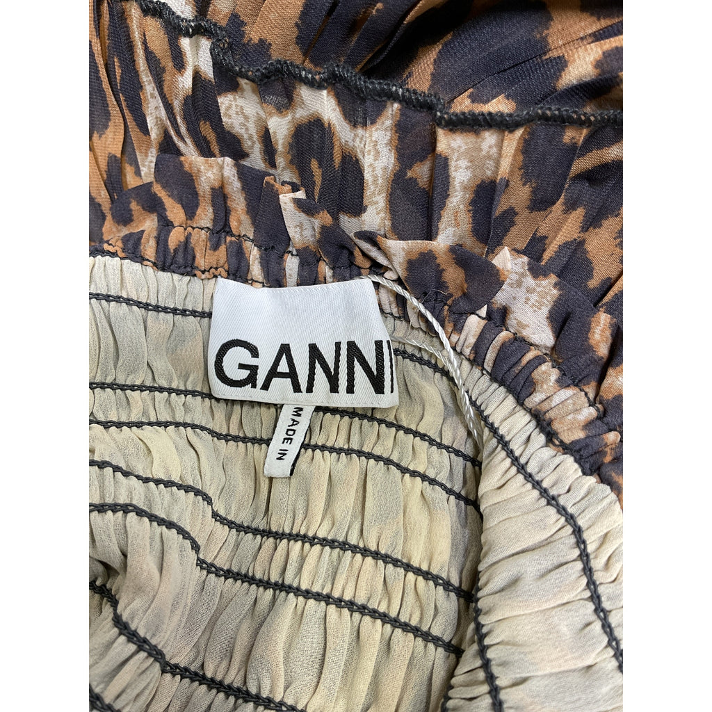 Ganni Flounce Smock Brown Polyester Midi Dress Size 40