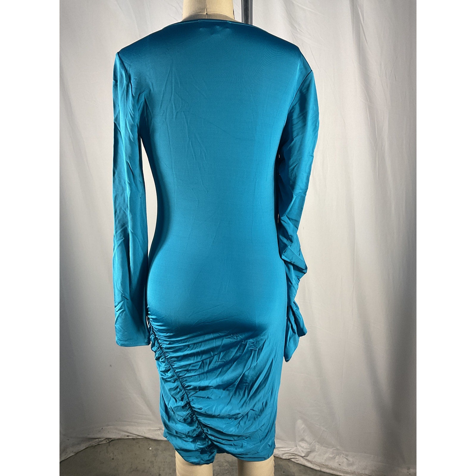 Ronny Kobo 'Trista' Blue Viscose Ruched Asymmetric Long Sleeve Mini Dress Size S