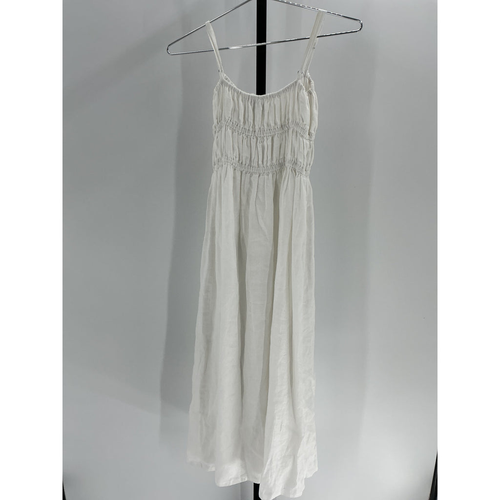 Faithfull The Brand 'Francesca' White Shirred Linen Midi Dress Size M