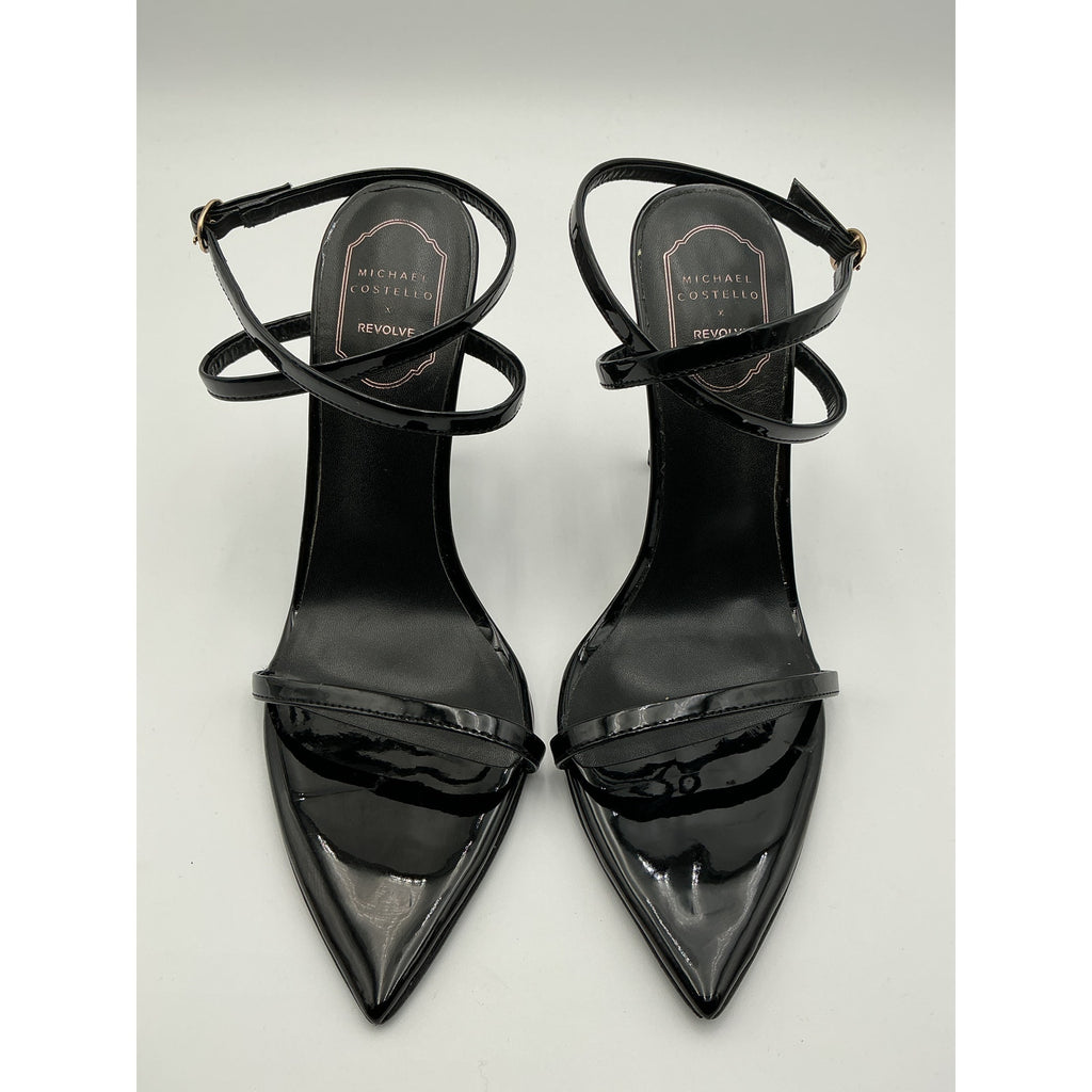 Michael Costello x Revolve 'Sonia' Black Faux Patent Leather Stiletto Heel Sandal Size 8