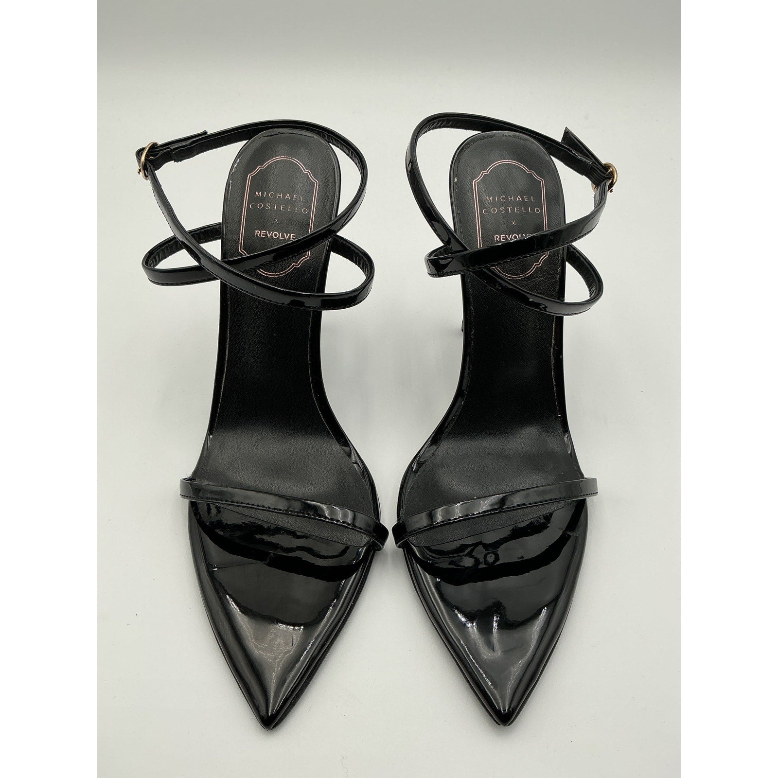 Michael Costello x Revolve 'Sonia' Black Faux Patent Leather Stiletto Heel Sandal Size 8