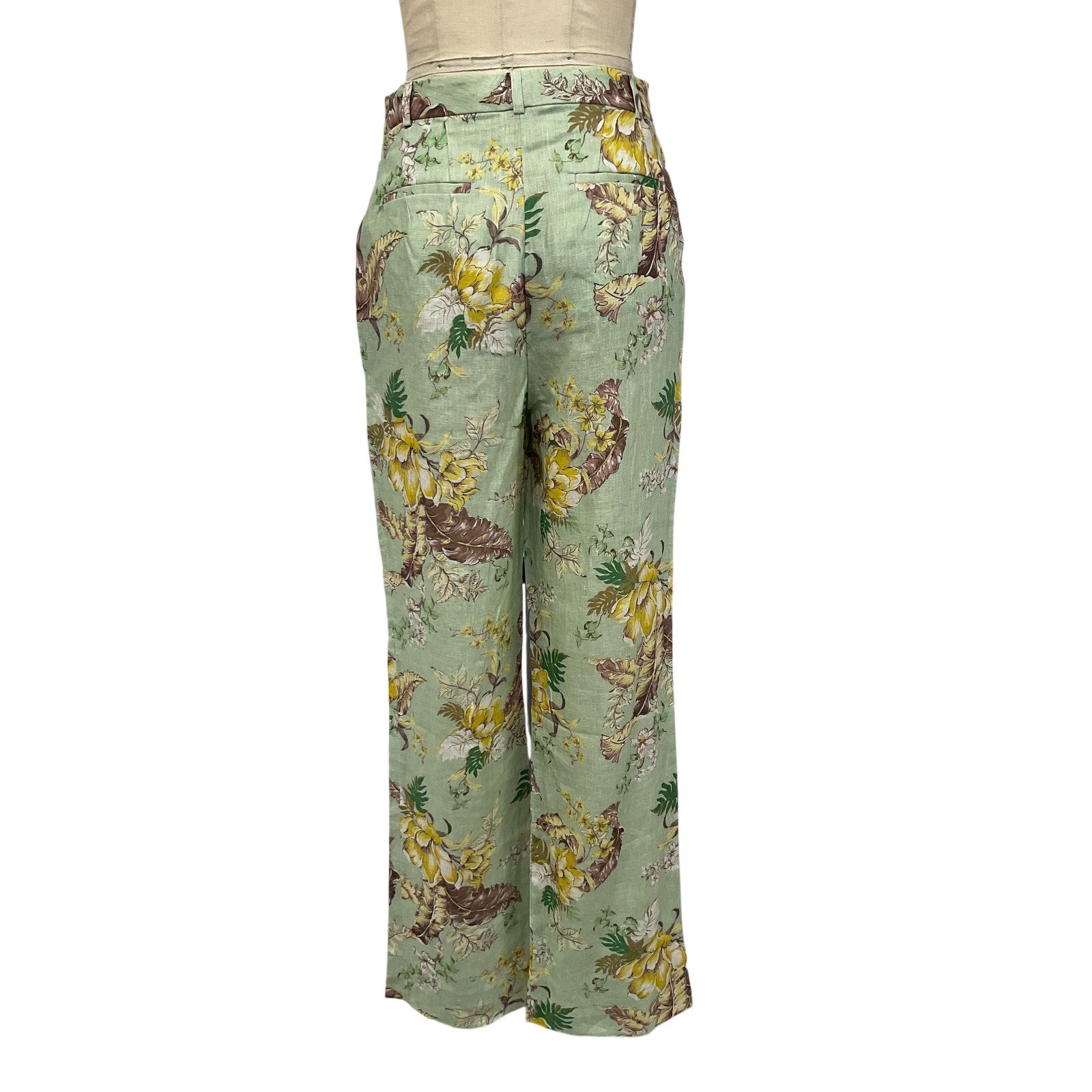 Zimmermann Green Linen Floral-Print Straight-Leg Pants Size 1 - NWT