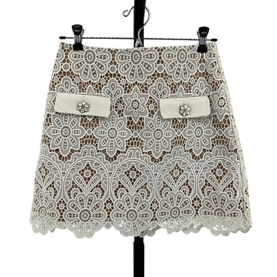 Self-Portrait Crystal-Embellished Ivory Guipure Lace Mini Skirt Size UK 8 / US 4