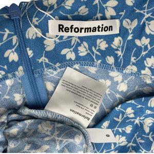 Reformation Floral Blue Puff Sleeve Sweetheart Midi Dress Size 0