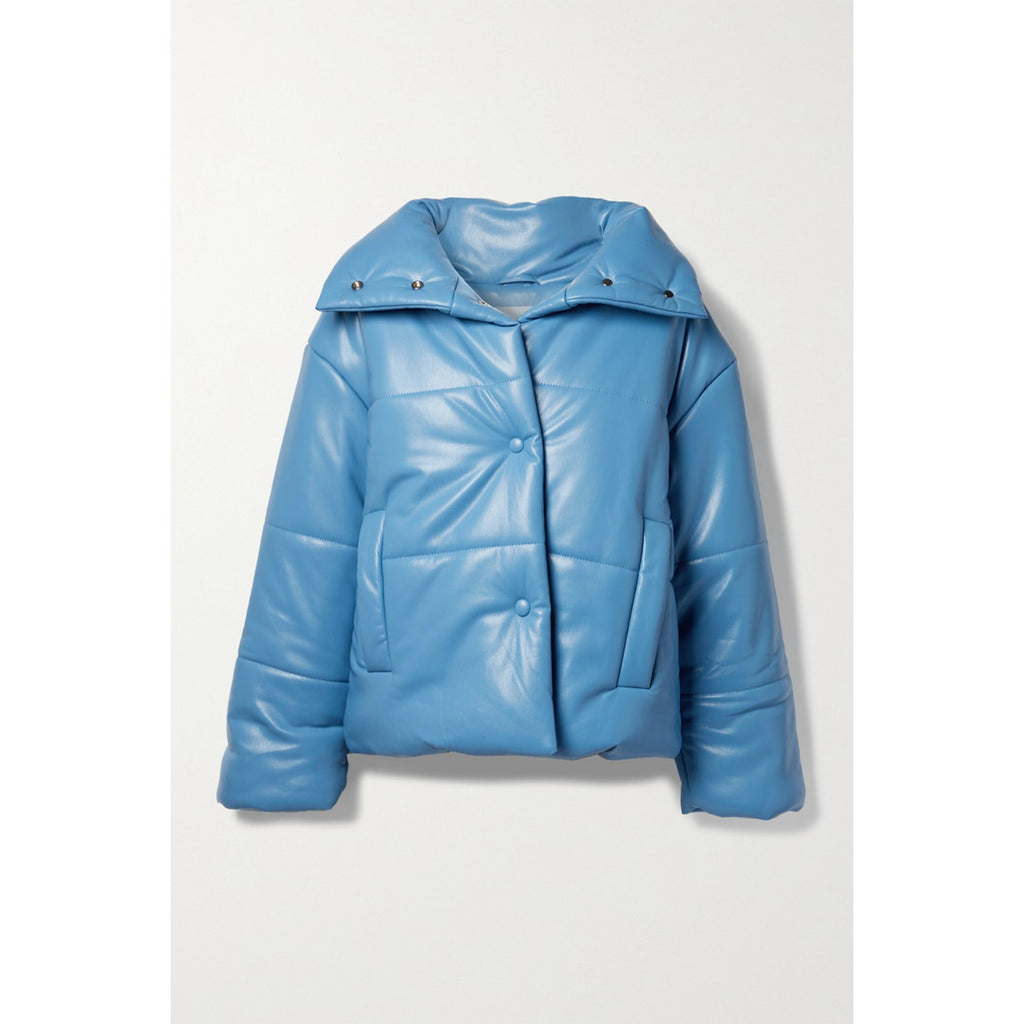 Nanushka Hide Quilted Blue Polyurethane Padded Vegan Leather Jacket Size L - NWT