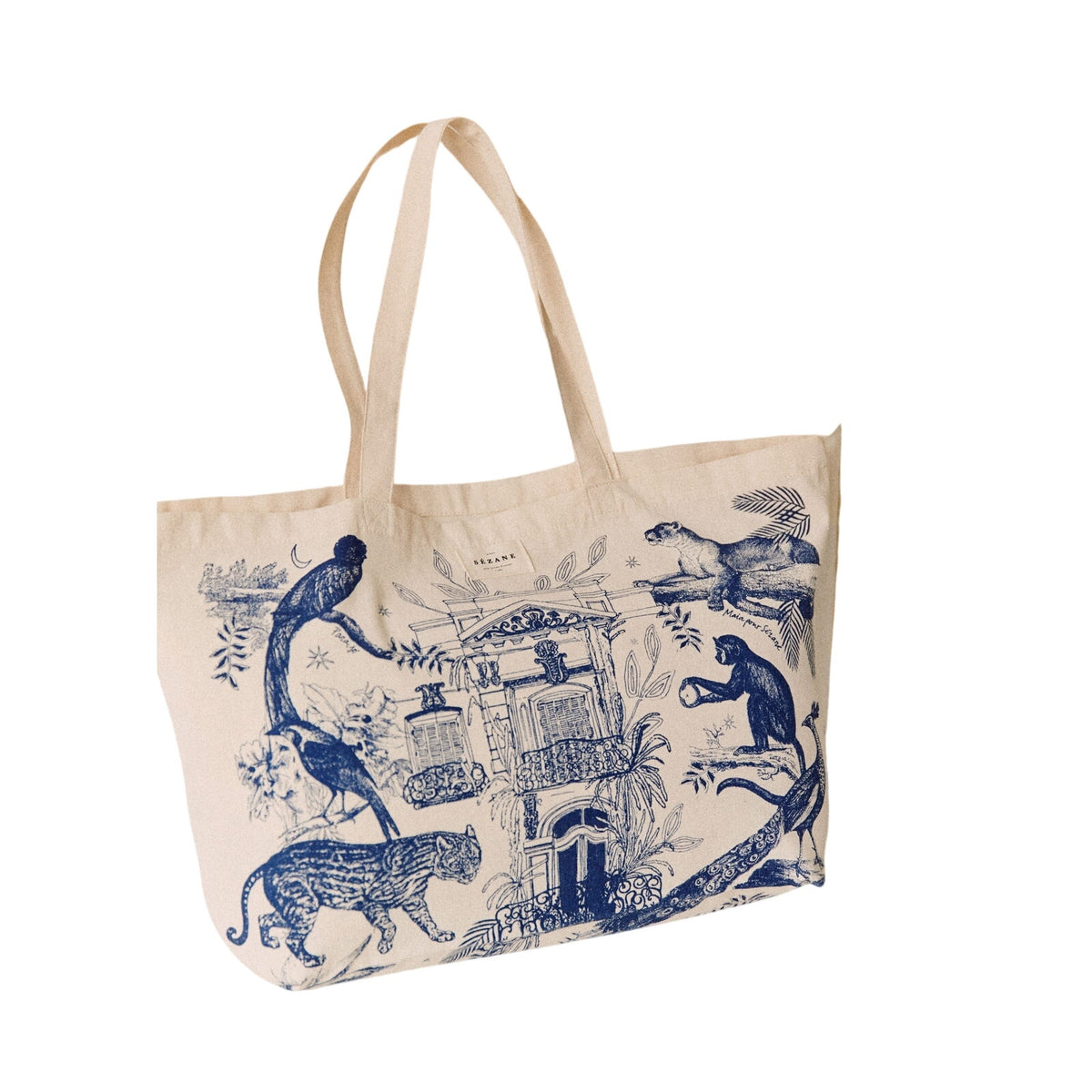 Sézane Printed Navy Blue Paraiso Tote Bag Size