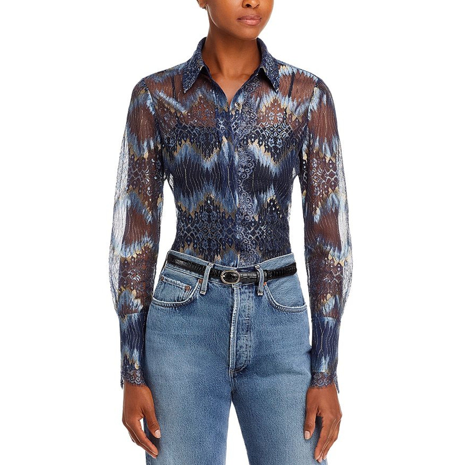 Ramy Brook 'Nora' Navy Lurex Mesh Long Sleeve Blouse Size L