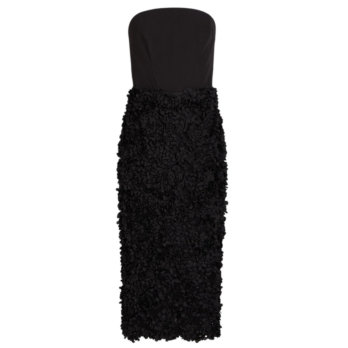 Marchesa Notte Strapless Black Floral Appliqued Crepe Midi Dress Size 6