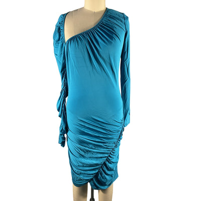 Ronny Kobo Ruched Asymmetric Long Sleeve Caneel Bay Blue Trista Mini Dress Size Small