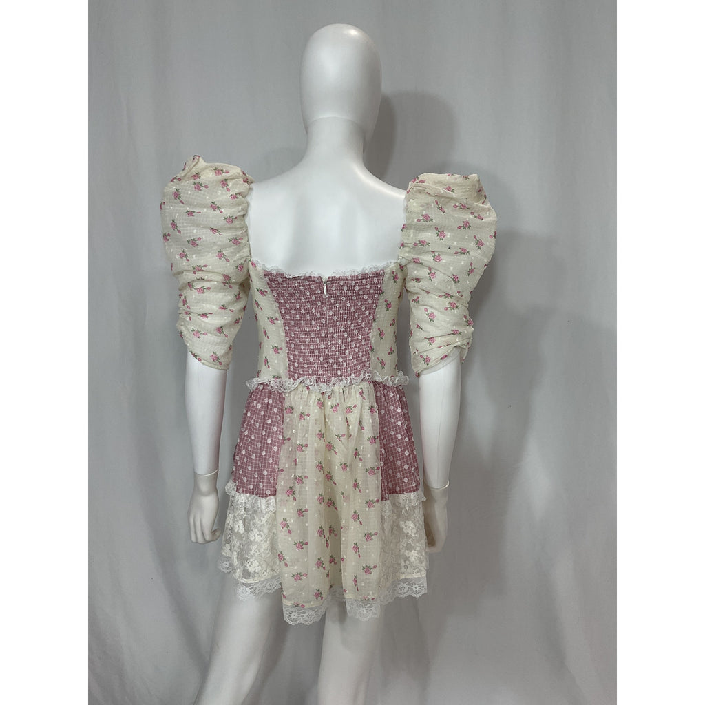 For Love & Lemons 'Francine' Pink Mini Satin & Lace Dress Size M