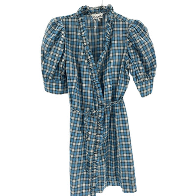 Ganni Ruffled Multicolor Seersucker Check Dress Size 34