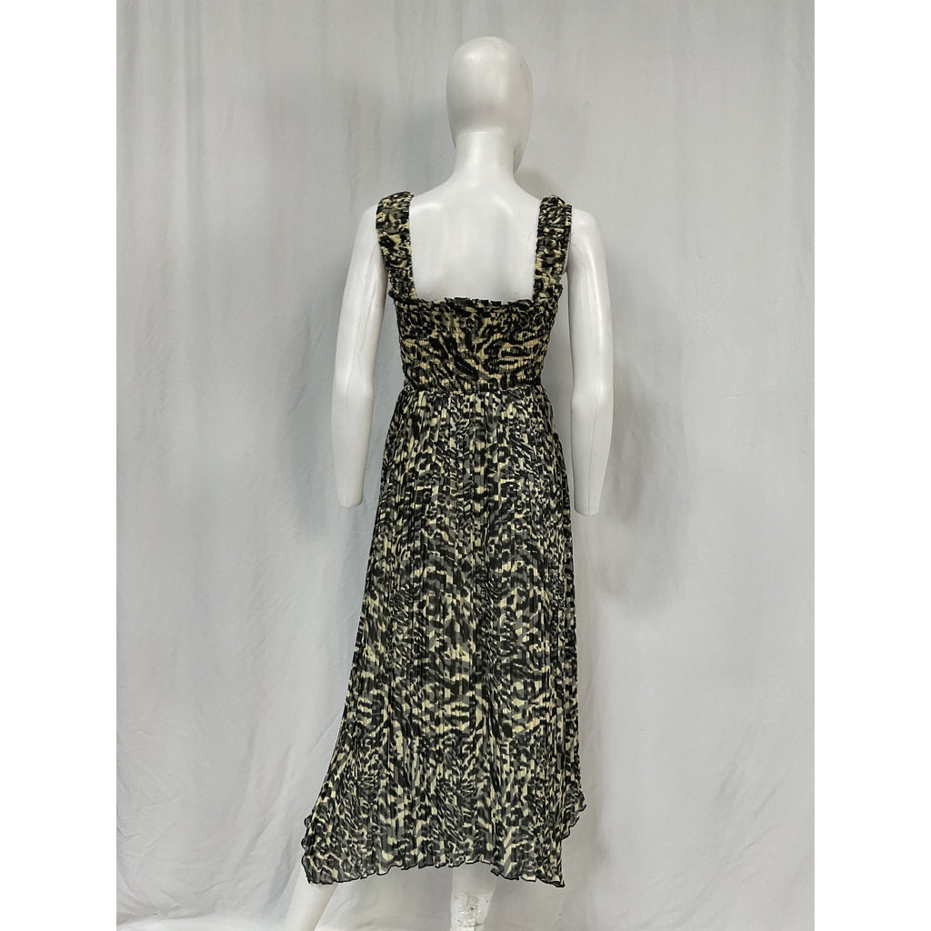 Ganni Pleated Black Polyester Georgette Smock Midi Strap Dress Size 32