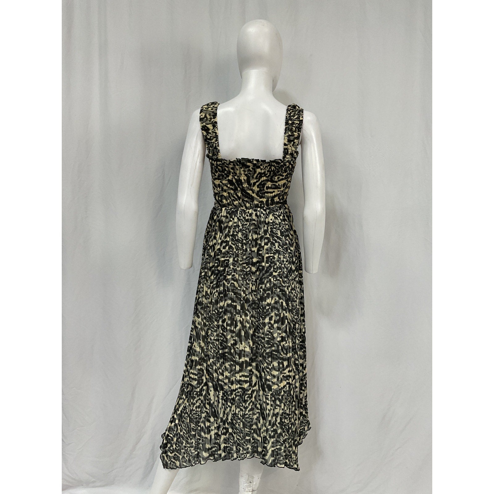 Ganni Pleated Black Polyester Georgette Smock Midi Strap Dress Size 32