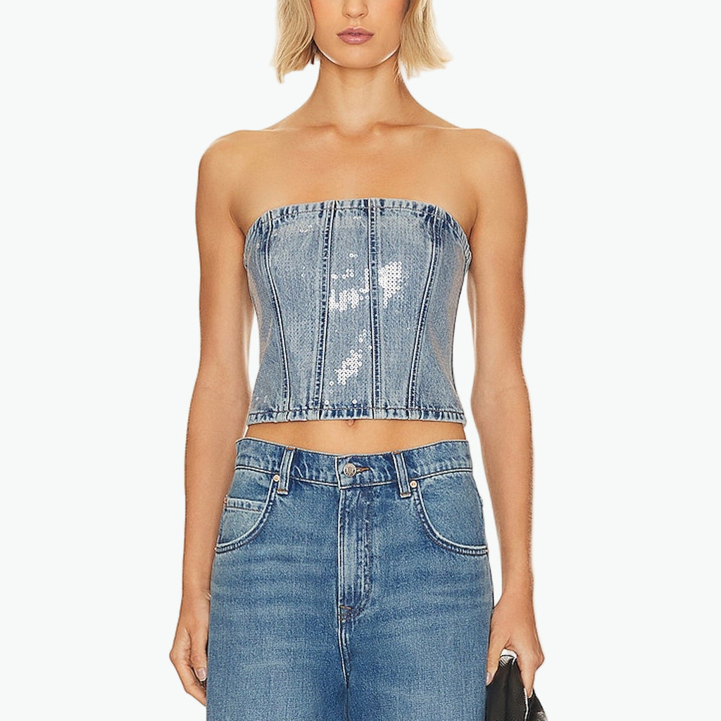 Grlfrnd X 'Lindsi' Blue Cotton Lane Aurora Sequin Bustier Size S