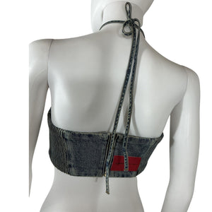 Alessandra Rich Embellished Blue Rose Halter Top Size 40 IT / US 4