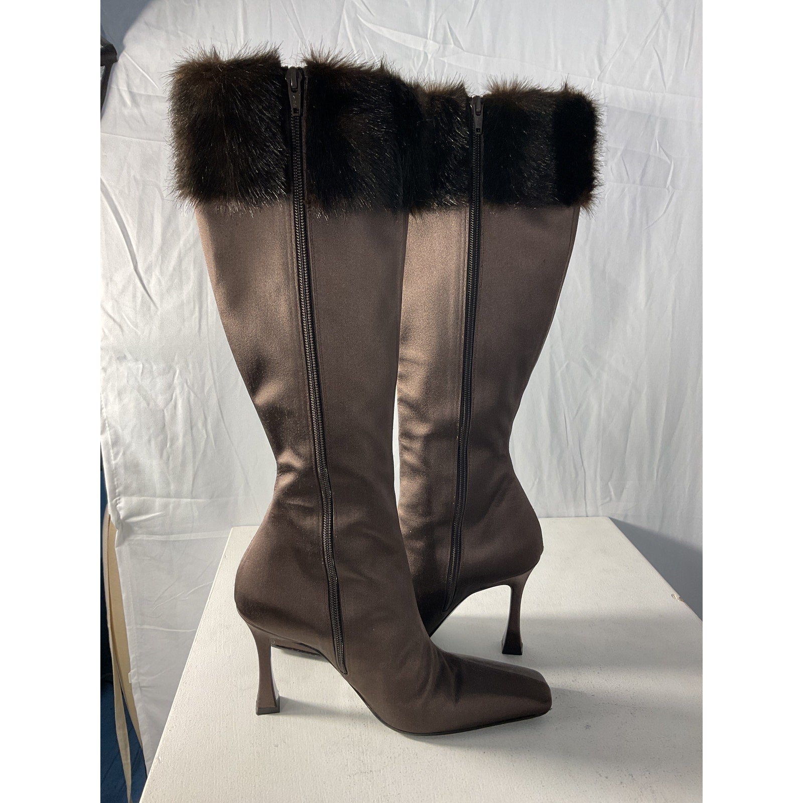 Magda Butrym 'Faux' Brown Fur-Trimmed Satin Knee Boots Size 8